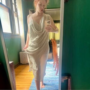 S/XS Silver Goddess Silky Cowell Neck Sheer Origami Dress